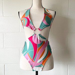 Boohoo Colorful Retro Halter O Ring Bodysuit One Piece Swimsuit Women's Size 4